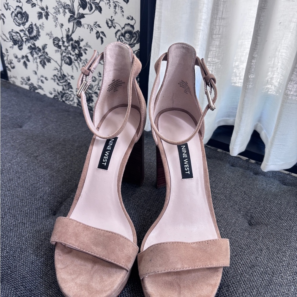 Nine West Blush Pink Suede Ankle-Strap Block Heels